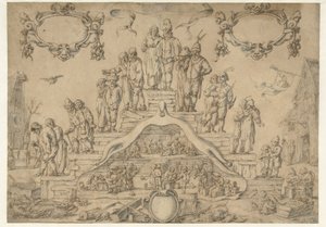 Trap des Ouderdoms met boeren en boerinnen door Pieter Nolpe (attributed to)