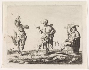 Dansende boer en boerin en een man op een ton door Pieter Nolpe