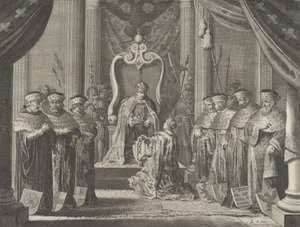 Plaat 8: Keizer Maximiliaan II verleent een kroon aan het wapen van Amsterdam, uit Cas..., 1638 door Pieter Nolpe