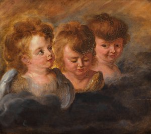 Drie engelenhoofden in de wolken