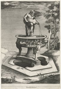 Fontein met Silenus in de tuinen van Palazzo Cesi in het Vaticaan door Pieter Perret