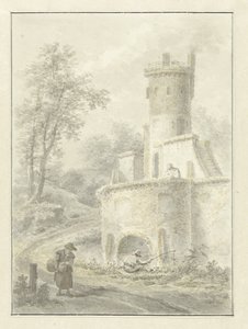 Landschap met hengelaar en wandelende vrouw bij een vestingtoren door Pieter Pietersz. Barbiers