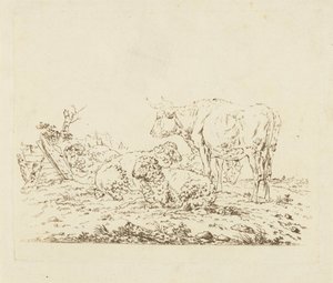 Weiland met koe en schapen door Pieter Roosing