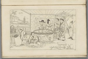 Chinese figuren rond een theetafel