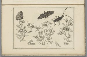 Drie bloementakken met vogels, vlinders en een insect