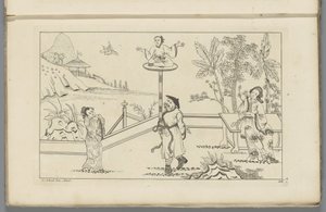 Landschap met figuur in kleermakerszit op een platform