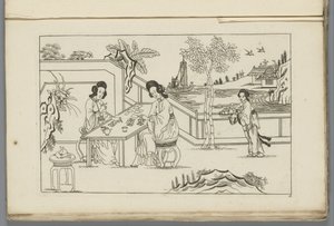 Landschap met twee Chinese vrouwen die een kaartspel spelen