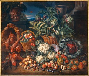 Nature morte: peulvruchten en fruit - Stilleven: Groenten en fruit ... door Pieter Snyers