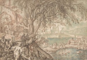 Jagers en gezelschap observeren honden die eenden ophalen in een vijver De maand april, c1610-20 door Pieter Stevens
