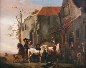 Ruiters en paarden bij de deur van een herberg