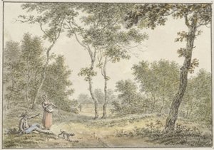 Boslandschap met enkele figuren door Pieter de Goeje