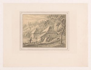 Landschap met watermolen en schuur