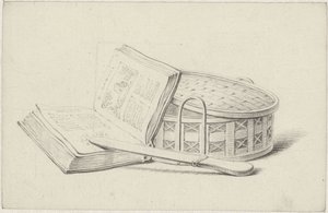 Stilleven met boek, briefopener en mandje