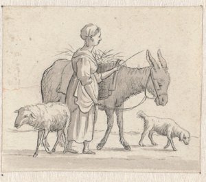 Vrouw met ezel, schaap en hond door Pieter de Goeje