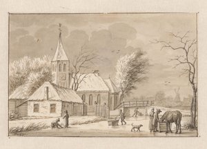 Wintergezicht bij een kerk door Pieter de Goeje