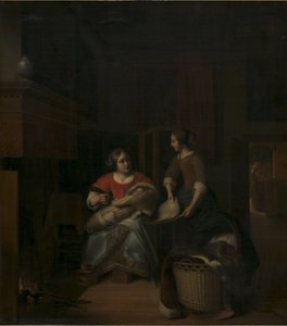 Een huisvrouw die haar dienstmeid instrueert door Pieter de Hooch