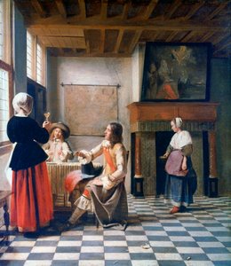 Interieur, Vrouw drinkt met Twee Mannen, en een Dienstmeid, ca. 1658 door Pieter de Hooch