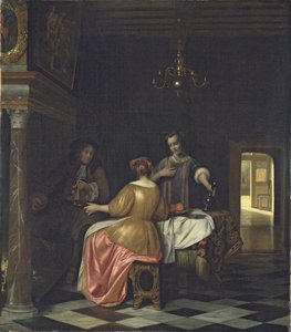 Interieur met een heer en twee dames in gesprek, c.1668-70 door Pieter de Hooch