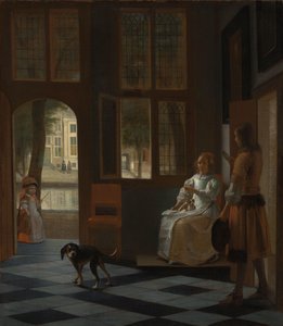 Man geeft een brief aan een vrouw in de hal van een huis door Pieter de Hooch