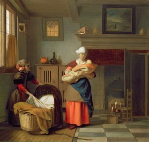 Kindermeisje met baby in een interieur en een jong meisje dat de wieg voorbereidt