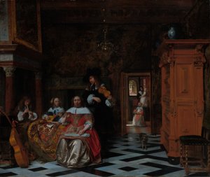 Portret van een gezin dat muziek speelt door Pieter de Hooch