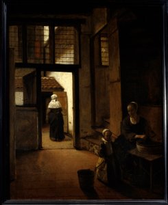 Uitzicht op de achtertuin van een Nederlands huis door Pieter de Hooch