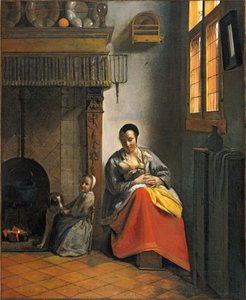 Vrouw die een baby borstvoeding geeft, met een kind en een hond