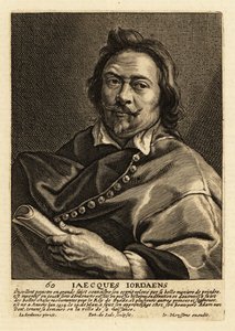 Portret van Jacques Jordaens, Vlaamse schilder, tekenaar en tapijtontwerper bekend om zijn historiestukken, genrescènes en portretten door Pieter de II Jode