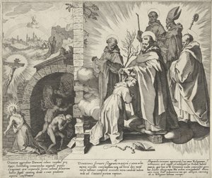 Catharina biddend / Visioen van Catharina / Catharina wordt dominicanes (Scènes uit het leven en wonderen van de Heilige Catharina van Siena) door Pieter de Jode (I)