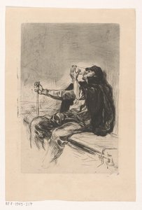 Drinkende man met wandelstaf door Pieter de Josselin
