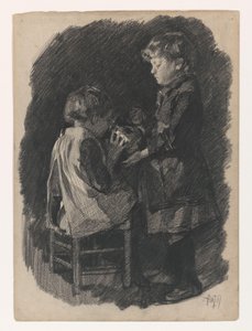 Een klein meisje laat een zusje uit een kan melk drinken door Pieter de Josselin