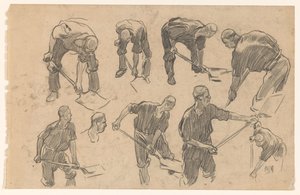 Studieblad met schetsen van een spittende arbeider