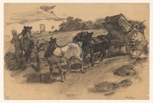 Toom van drie paarden voor een wagen op een hellend akkerland te Limburg door Pieter de Josselin