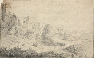 Landschap met Vernietigd Kasteel en Drie Figuren door Pieter de Molijn