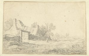Duinlandschap met drie figuren voor een boerderij