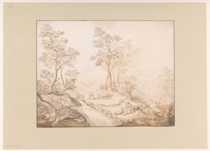 Boomrijk landschap met vrouw, man en een boer door Pieter de Porck
