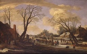Een winter rivierlandschap met boeren en paardensledes door Pieter the Elder Molyn