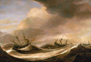 Schepen op volle zee die de storm ontvluchten, verminderde zeilen, geschud door de sterke golven. Olie op hout, rond 1640, door Pieter Mulier (1615-1670).