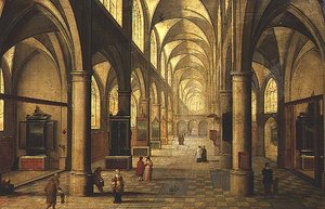Interieur van een kathedraal met figuren door Pieter the Elder Neeffs