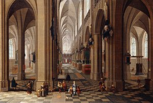 Het interieur van een gotische kathedraal met stadsbewoners en pelgrims, 1647 door Pieter the Elder Neeffs