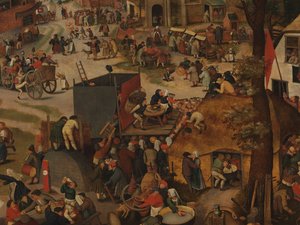 Een Dorpsfeest, Met een Theatervoorstelling en een Processie ter Ere van St Hubert en St Anthony door Pieter Brueghel the Younger