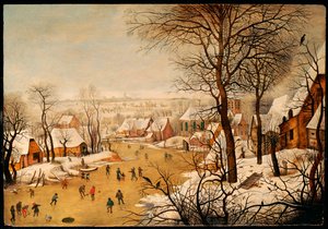 Een winterlandschap met schaatsers en een vogelval