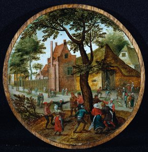 Boeren dansen rond een boom in een dorpsstraat, 1625 door Pieter Brueghel the Younger