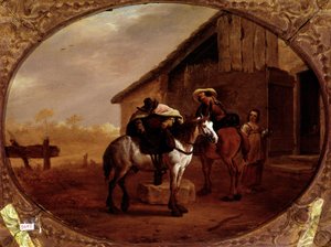 Vertrek van het hotel. Twee ruiters rijden op hun paarden na een stop in een herberg. Schilderij door Pieter Van Laer, genaamd Bamboccio (1592/5-1642) door Pieter van Laar