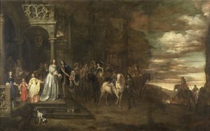 Het afscheid van kapitein Hendrik de Sandra (1619-1707), uitgezwaaid door zijn vrouw en kinderen door Pieter van Anraedt