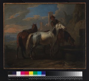 Paarden drinken bij een fontein, voor 1720