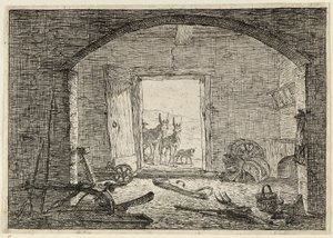 Ezels voor de deur van een stal door Pieter van Laer