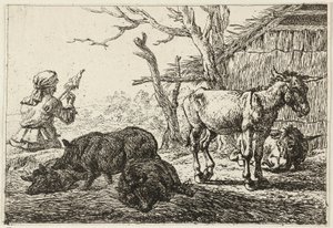 Varkens en ezels bij een stal, links een vrouw-spinner door Pieter van Laer