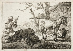 Varkens en ezels bij een stal, links een vrouw-spinner door Pieter van Laer
