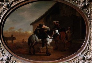 Reizigers verlaten een herberg